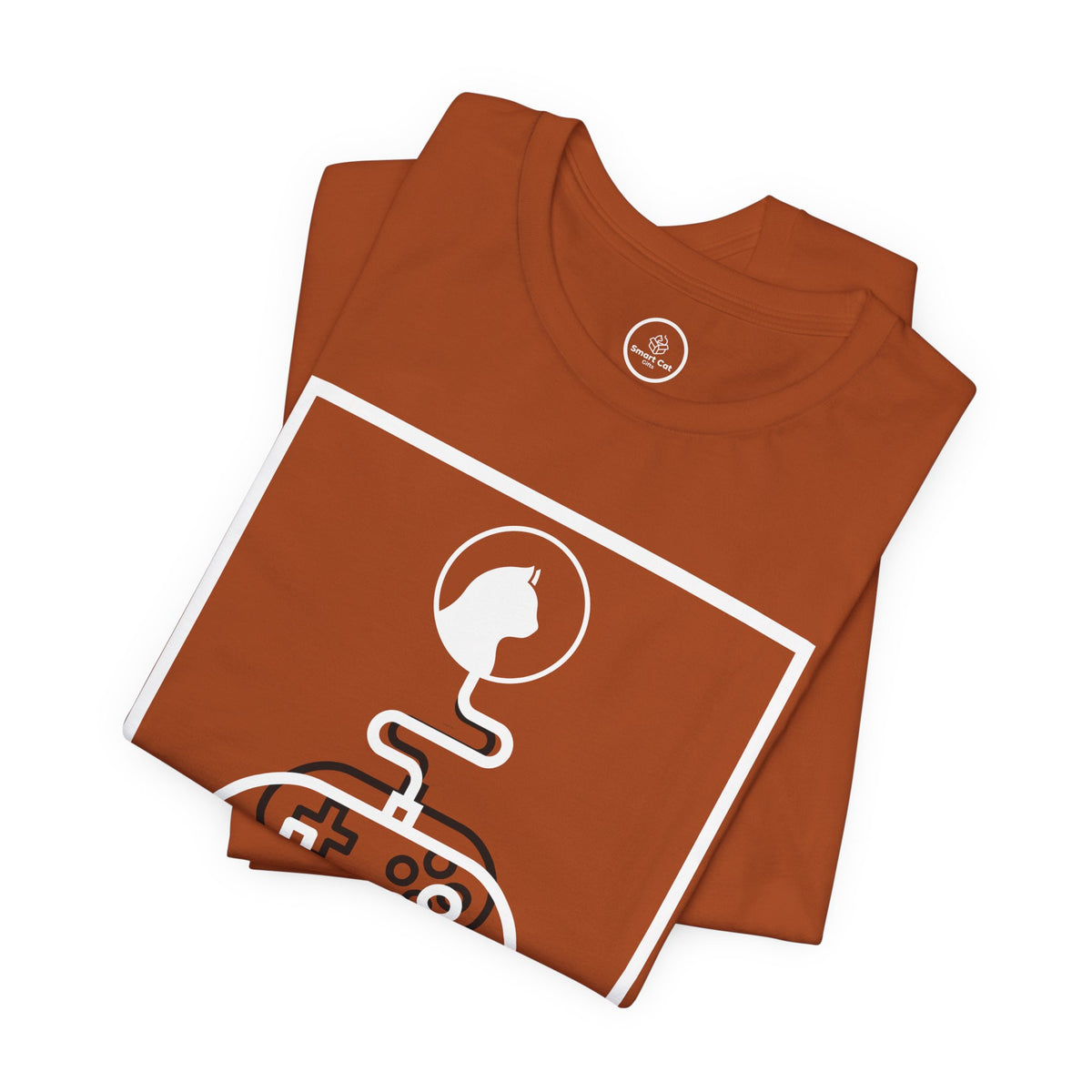 Folded autumn "System Link Cat" t-shirt: Features a white abstract graphic composed entirely of line art shapes within a box, depicting a cat's head connected by a wire to a video game controller.