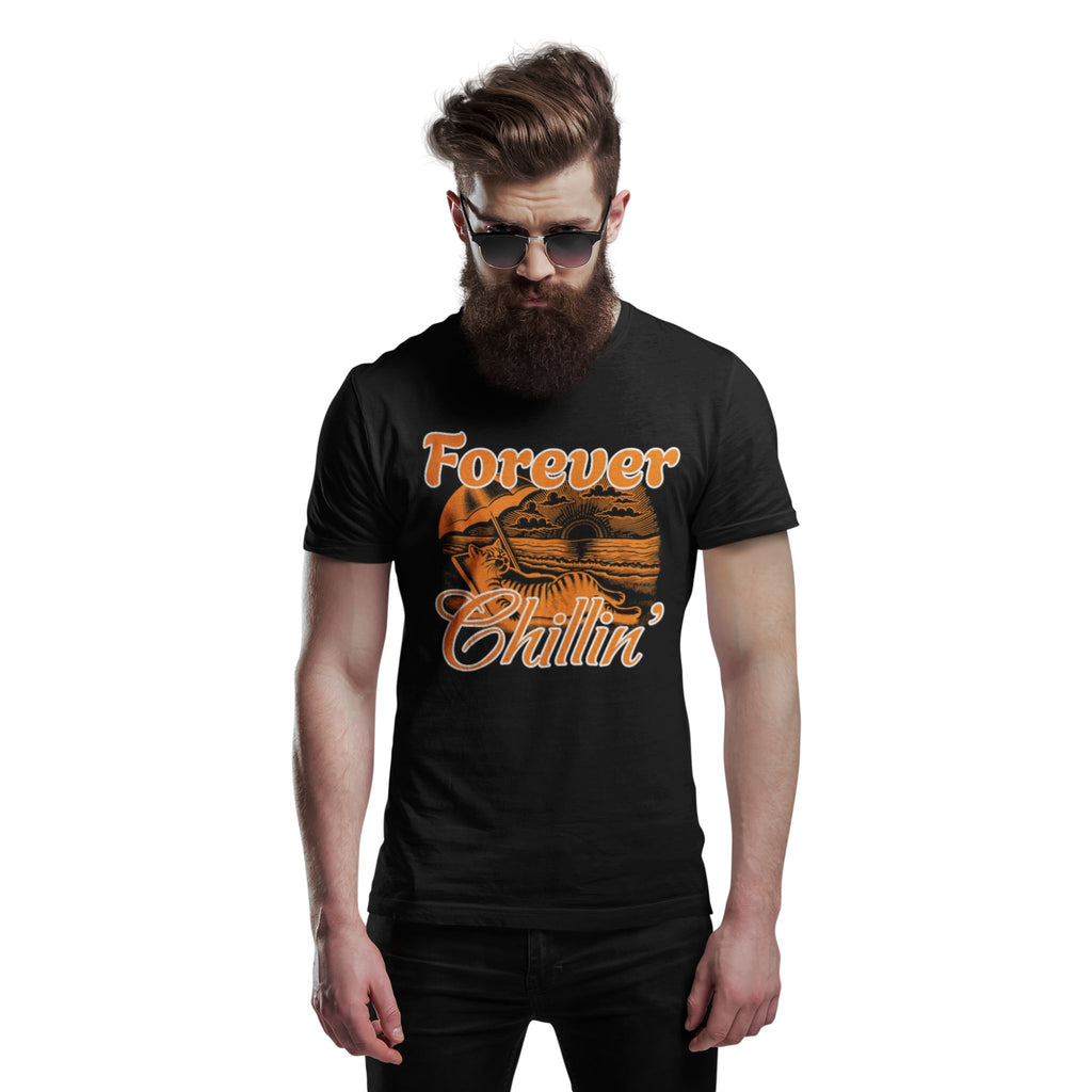 A graphic on the "Forever Chillin'" T-shirt shows a relaxed cat lounging in a beach chair on a sandy beach, with ocean waves and a setting sun visible in the background.