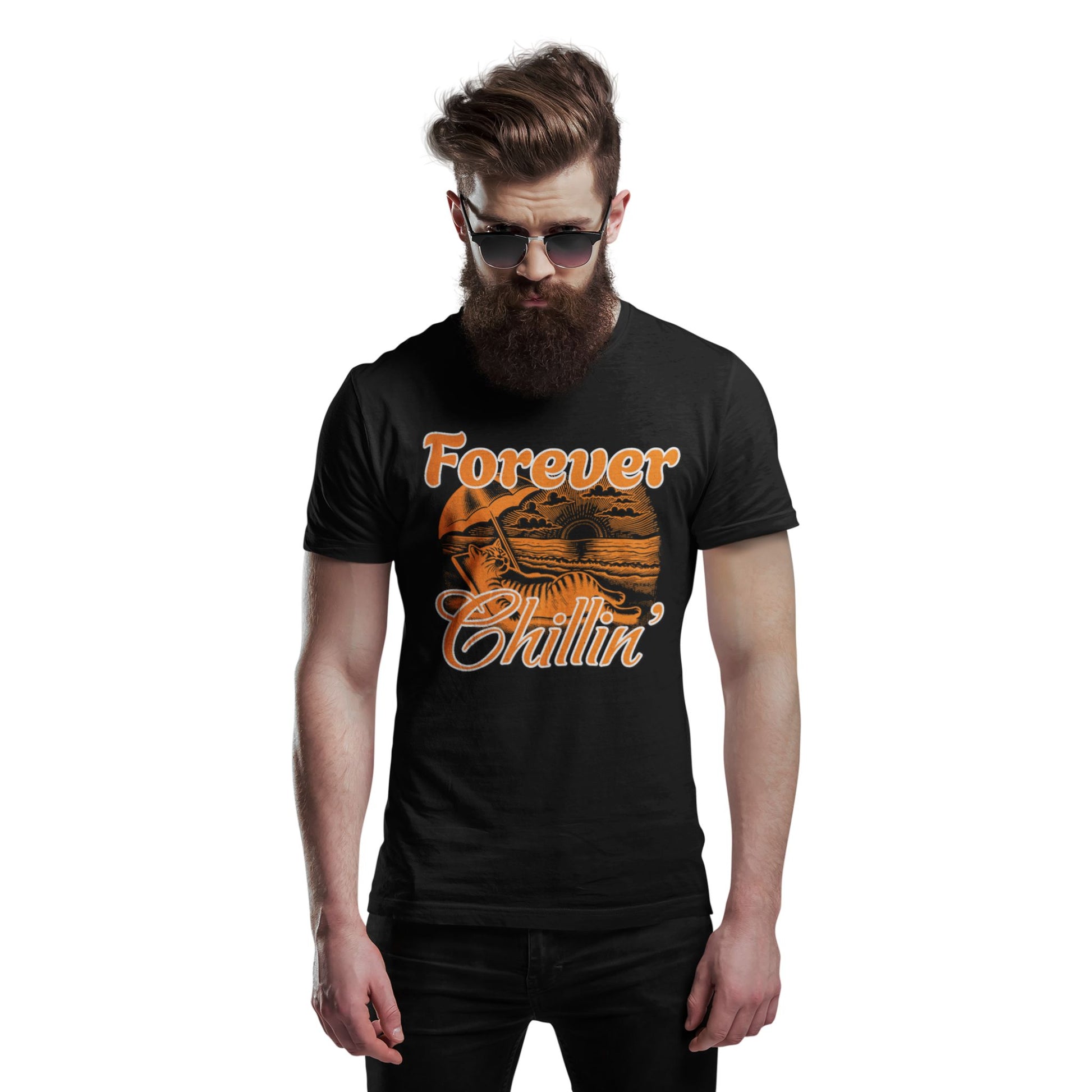 A graphic on the "Forever Chillin'" T-shirt shows a relaxed cat lounging in a beach chair on a sandy beach, with ocean waves and a setting sun visible in the background.