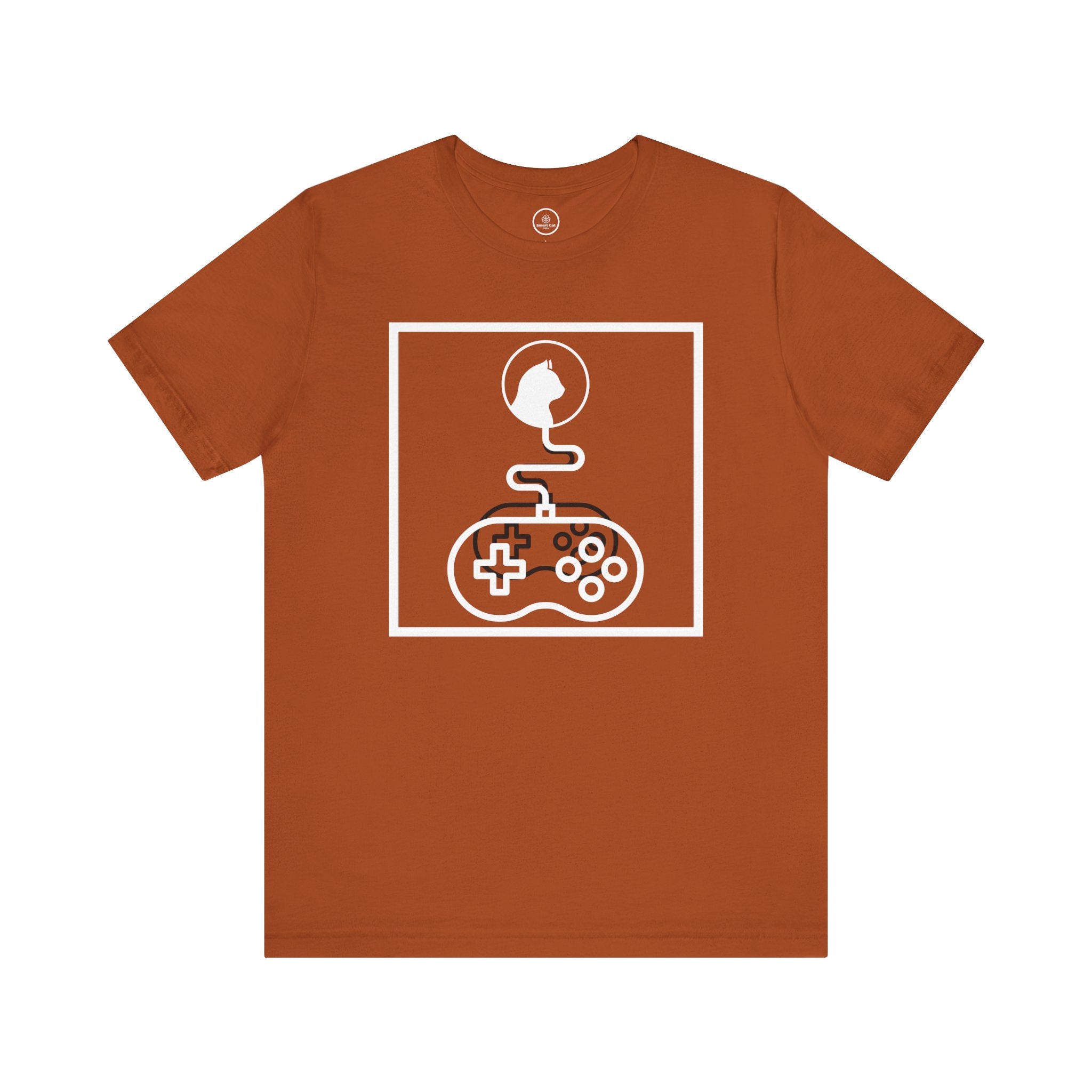 Autumn "System Link Cat" t-shirt: Features a white abstract graphic composed entirely of line art shapes within a box, depicting a cat's head connected by a wire to a video game controller.