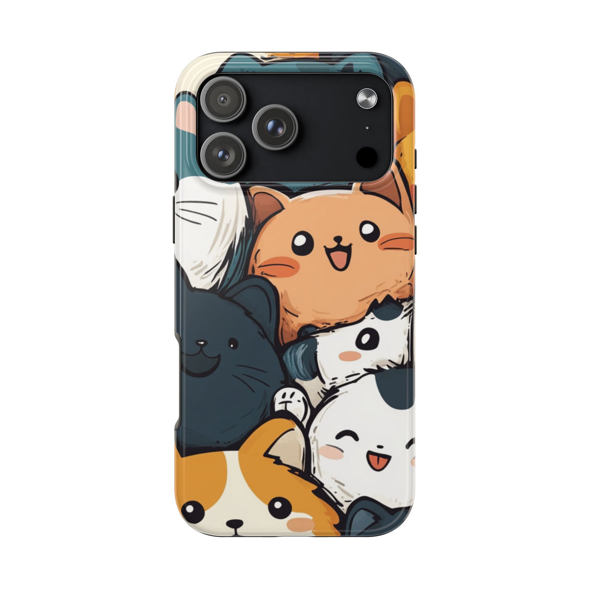 iPhone 18 Pro Max in a Kawaii Party tough case with a stack of cartoon cats, back view