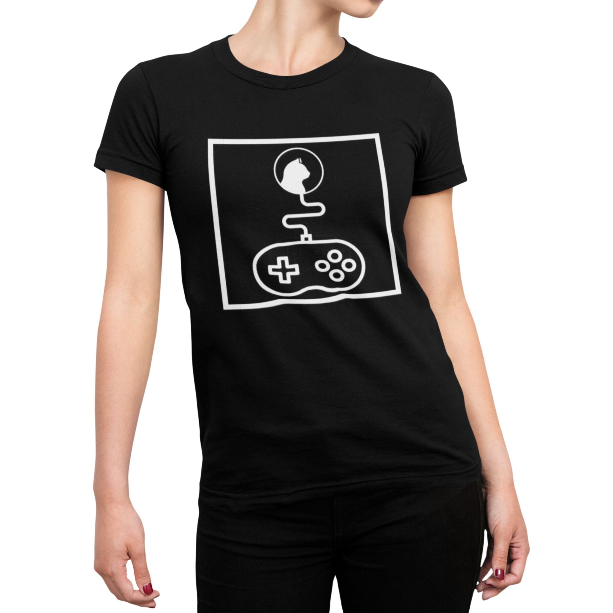 Black "Game On Kitty" t-shirt: Features a white abstract graphic composed entirely of line art shapes within a box, depicting a cat's head connected by a wire to a video game controller.