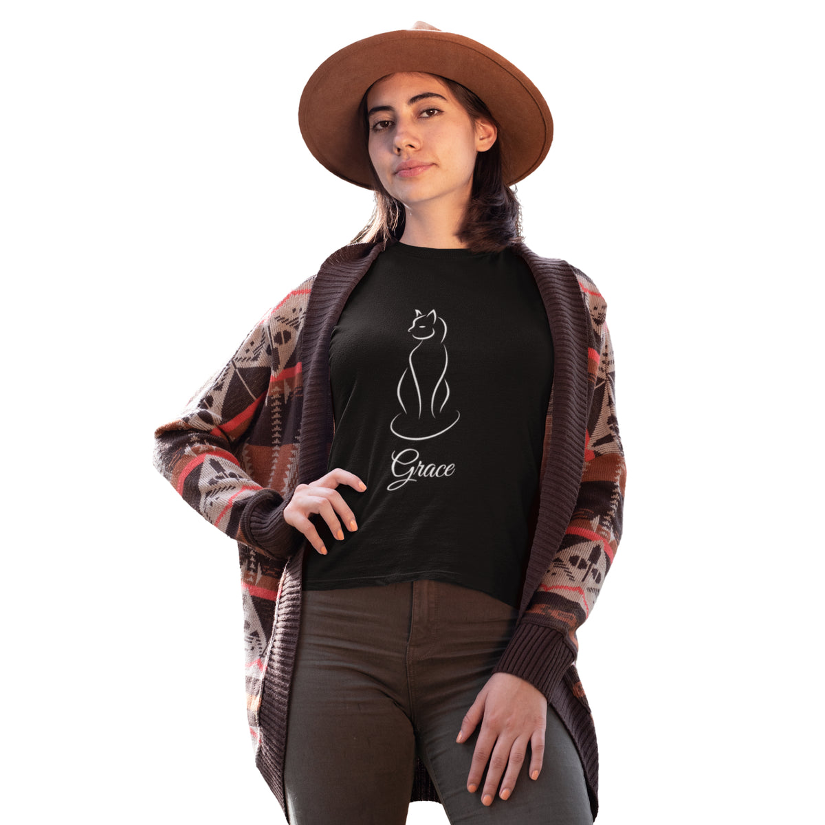 A model wearing a t-shirt with a line art graphic of a cat with the name "Grace" written in script text below it.
