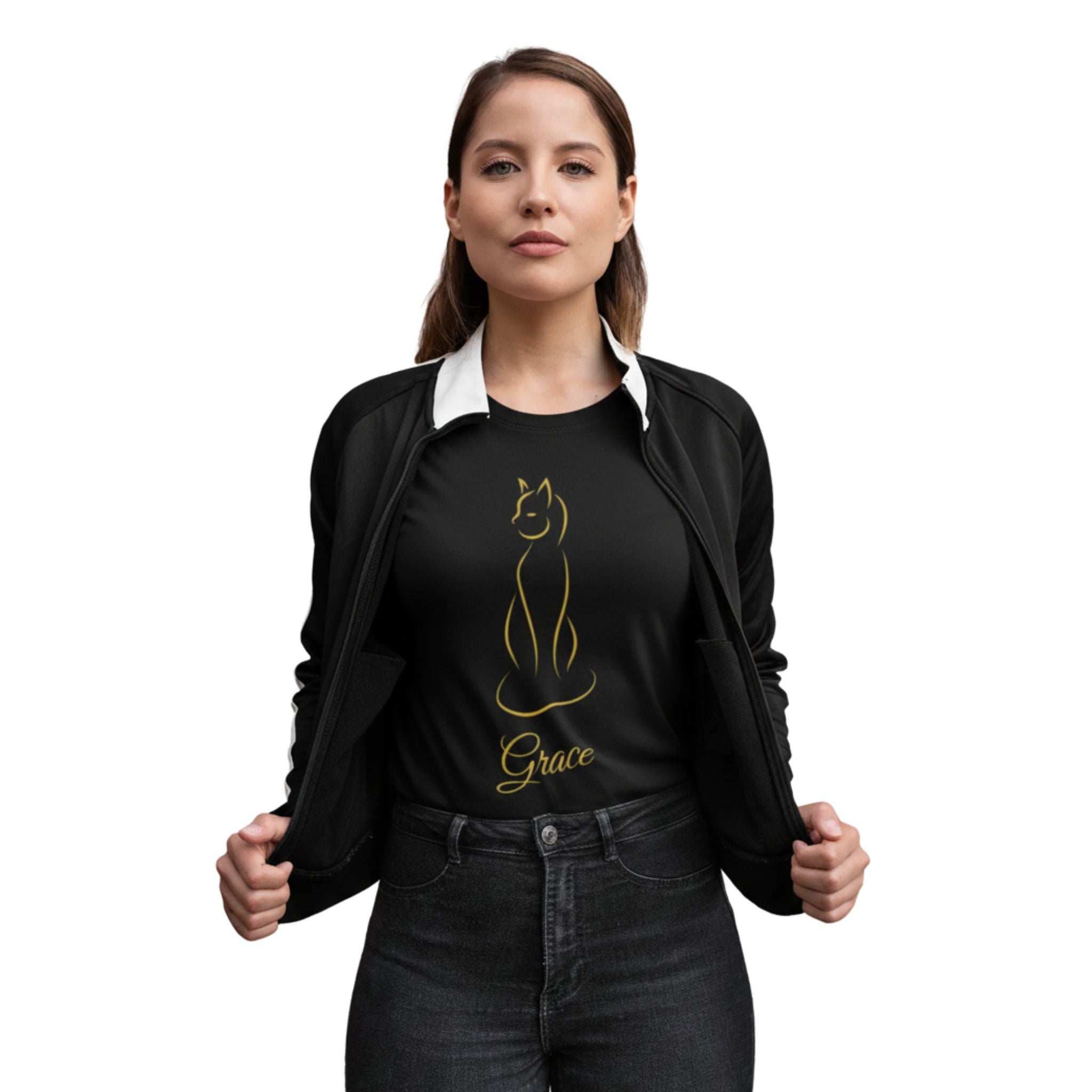 A model wearing a t-shirt with a line art graphic of a cat with the name "Grace" written in script text below it.