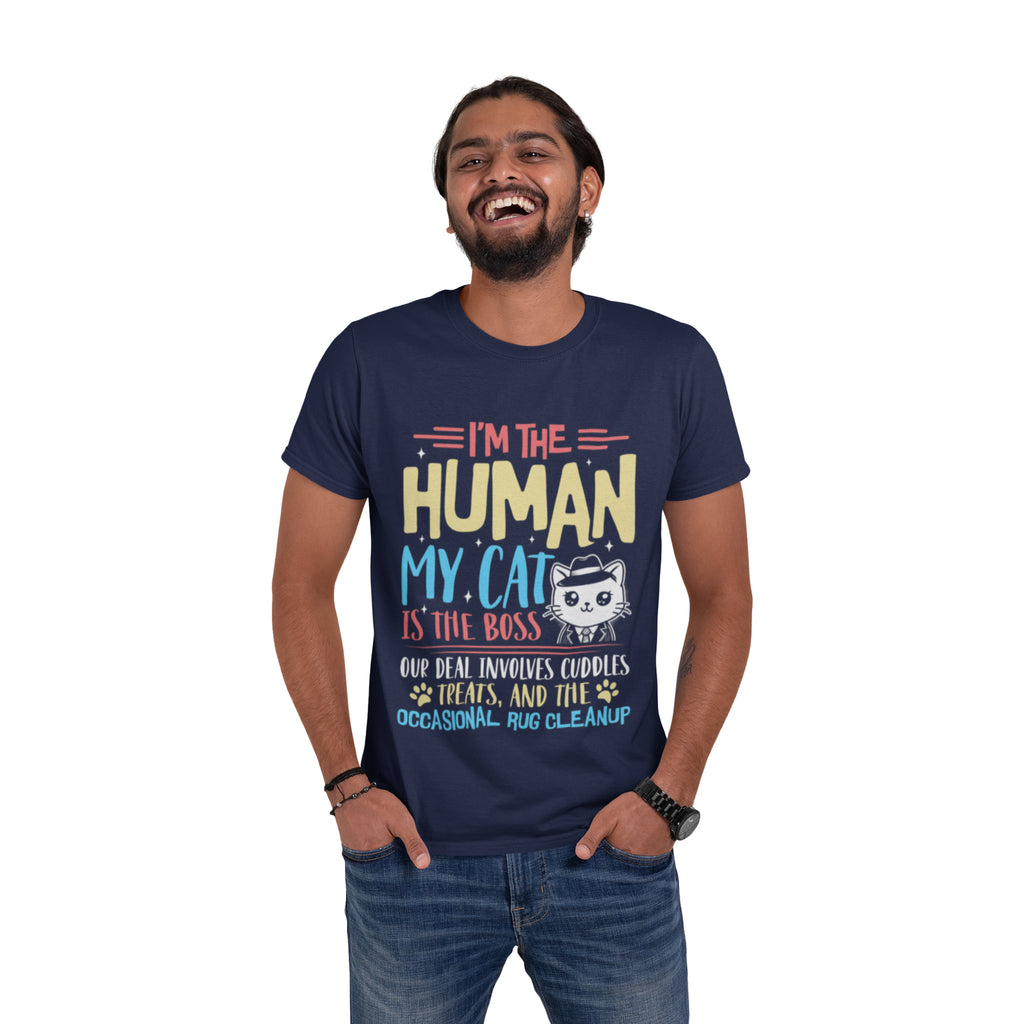 Model wearing blue My Cat Is The Boss t-shirt featuring bossy cat in suit and tie