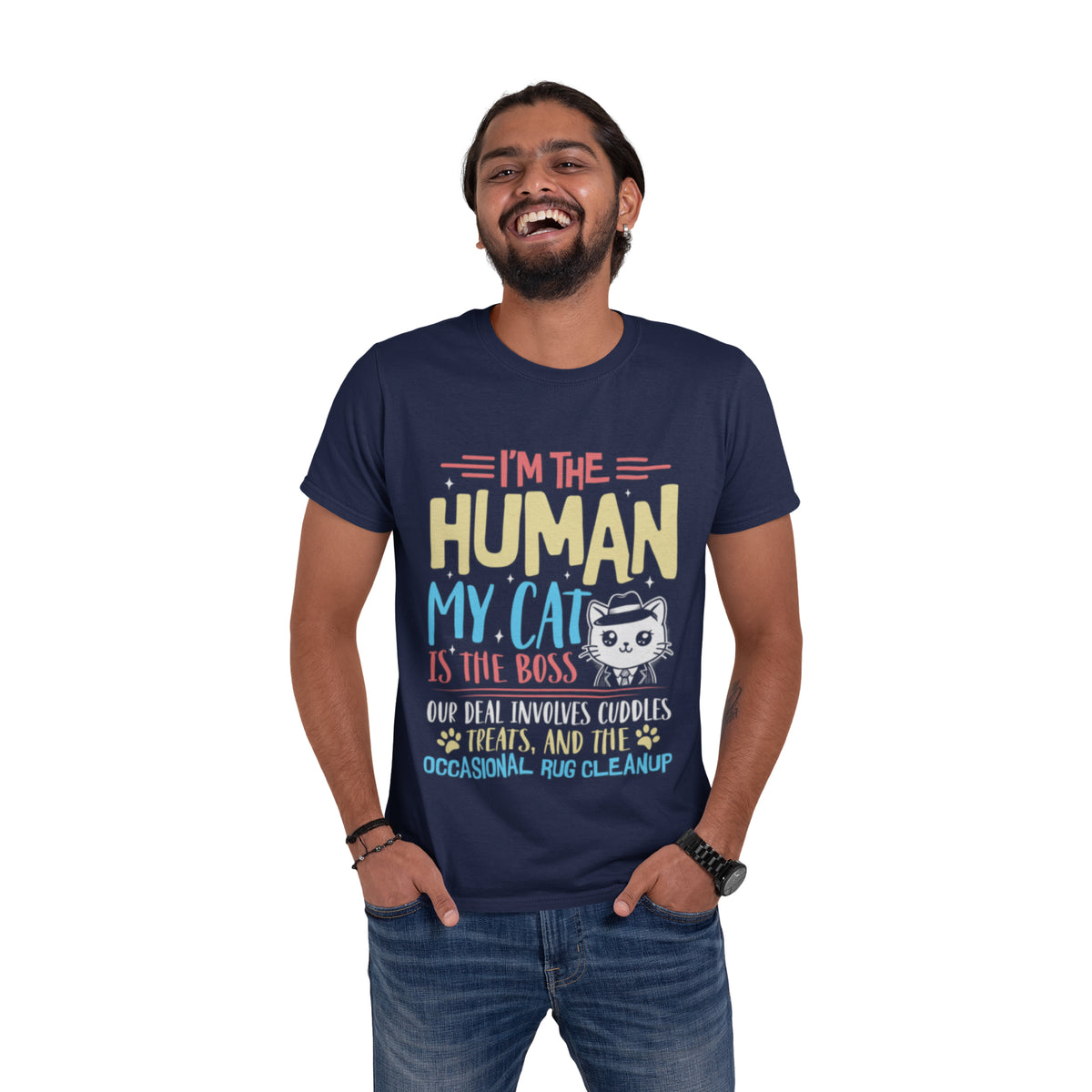 Model wearing blue My Cat Is The Boss t-shirt featuring bossy cat in suit and tie