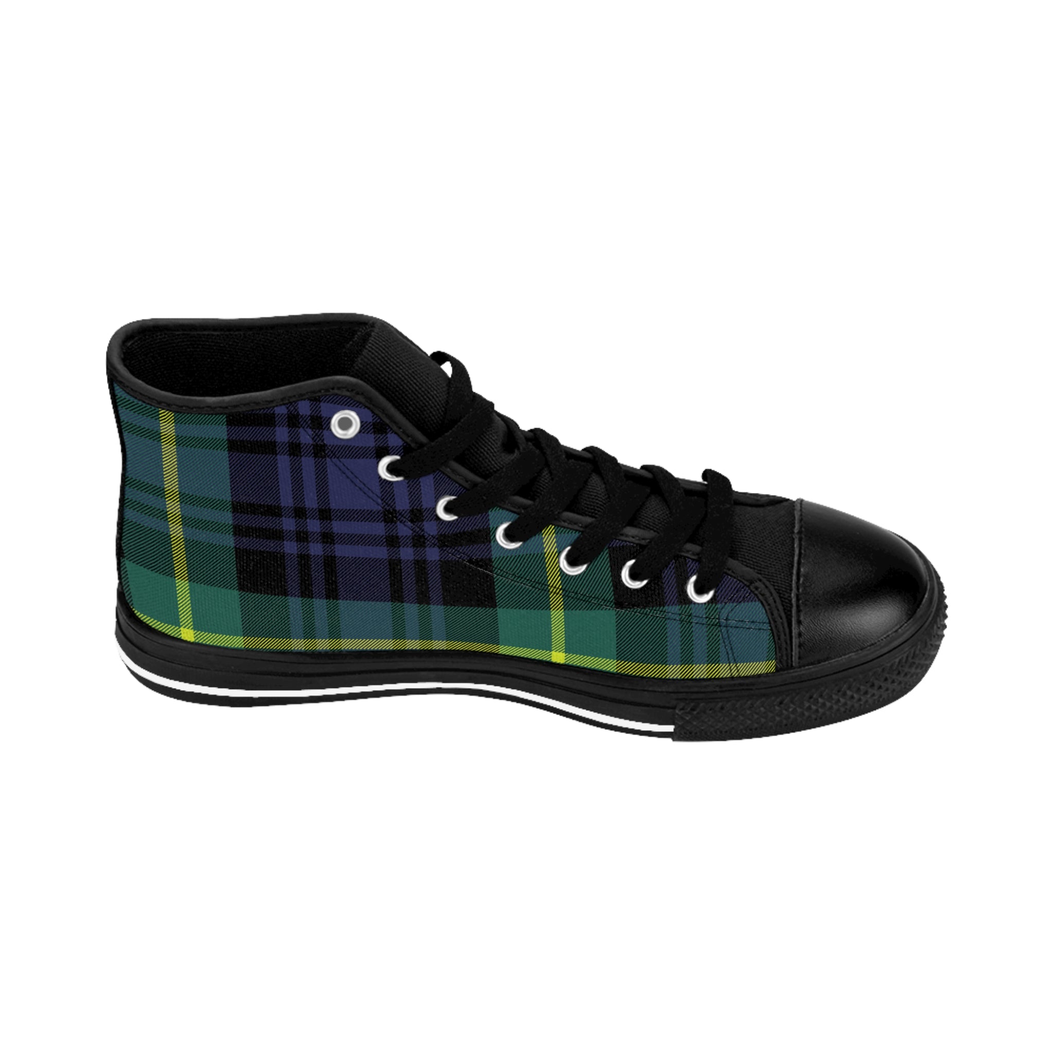 Inside view of women's Alley Cat Kicks high top sneakers: green, black, yellow plaid all-over print.