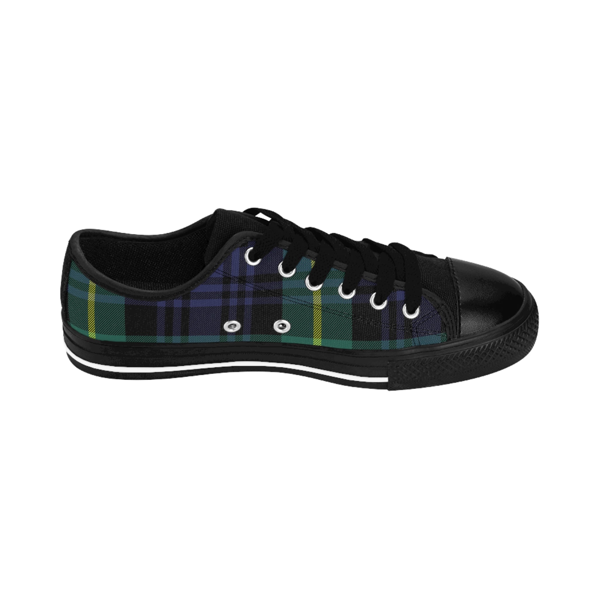 Inside view of women's Alley Cat Kicks high top sneakers: green, black, yellow plaid all-over print.