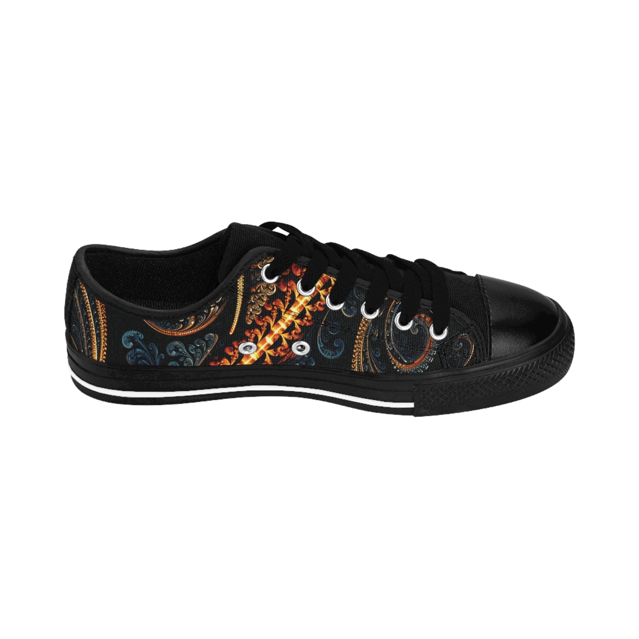 Inside view of the Hypnotic Eyes women's sneakers: ornate black, blue, gold pattern, two bluish silver mysterious cat eyes on side