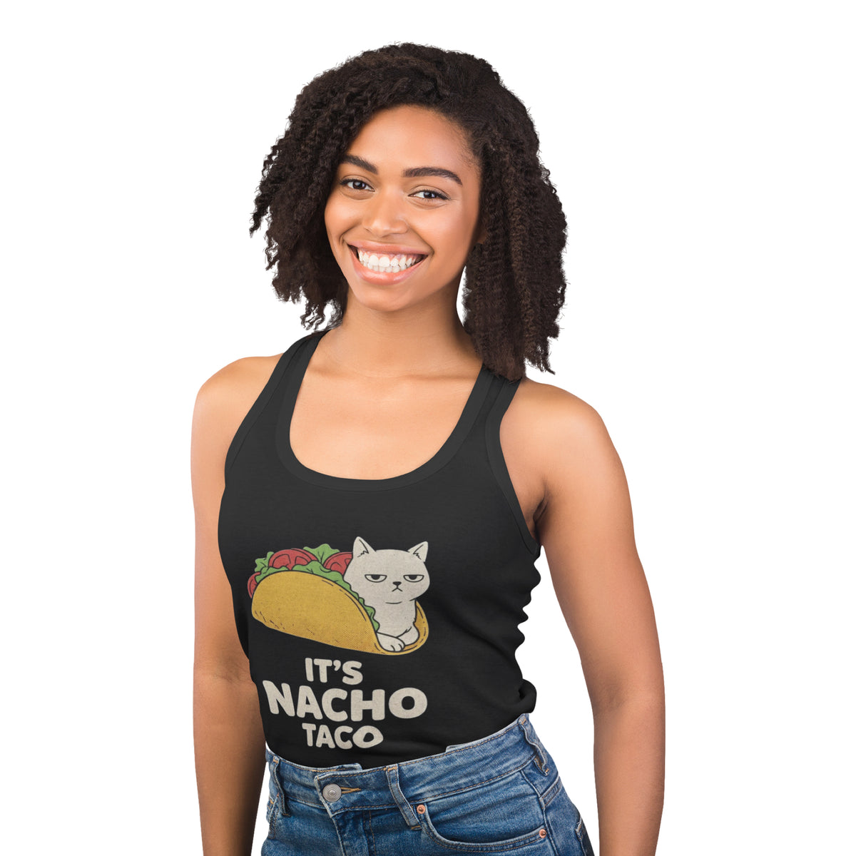 Model wearing black racerback tank with a grumpy white cat in a taco and It's Nacho Taco text
