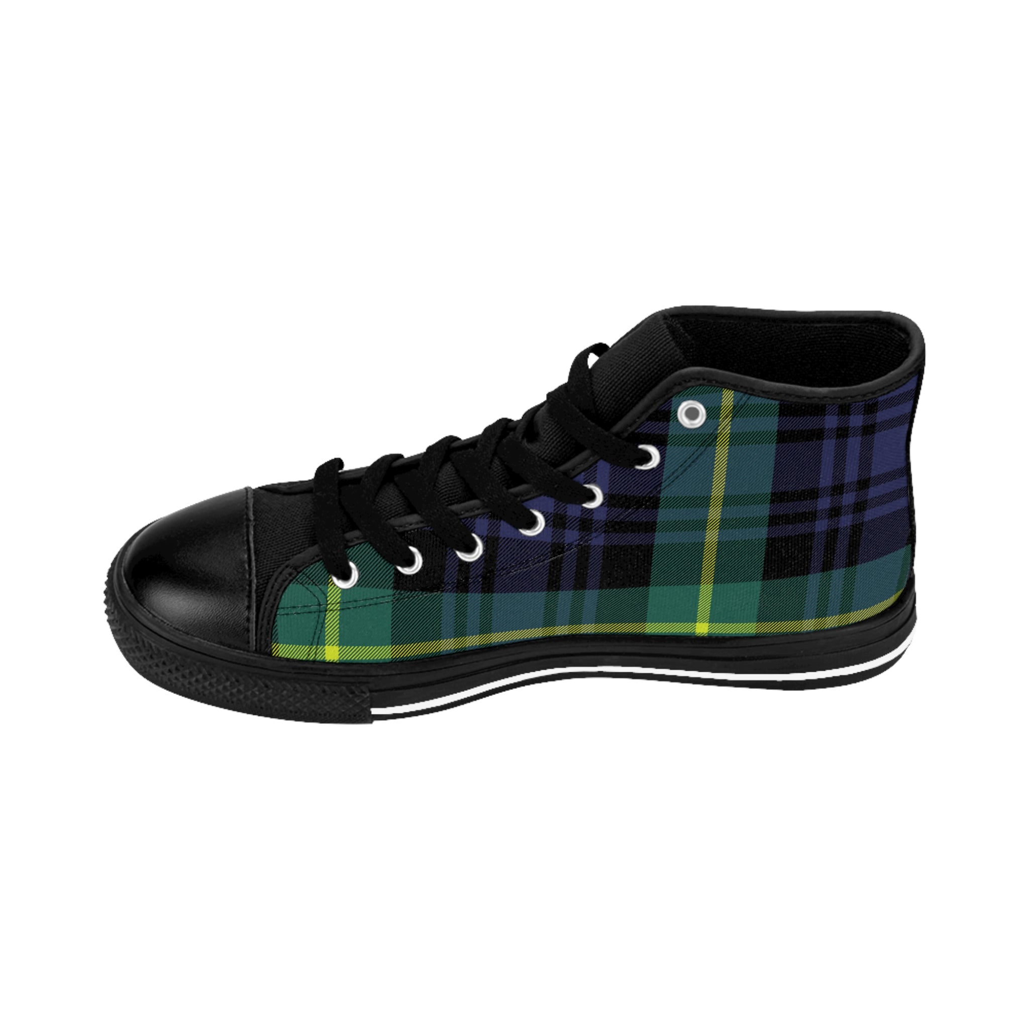 Inside view of women's Alley Cat Kicks high top sneakers: green, black, yellow plaid all-over print.