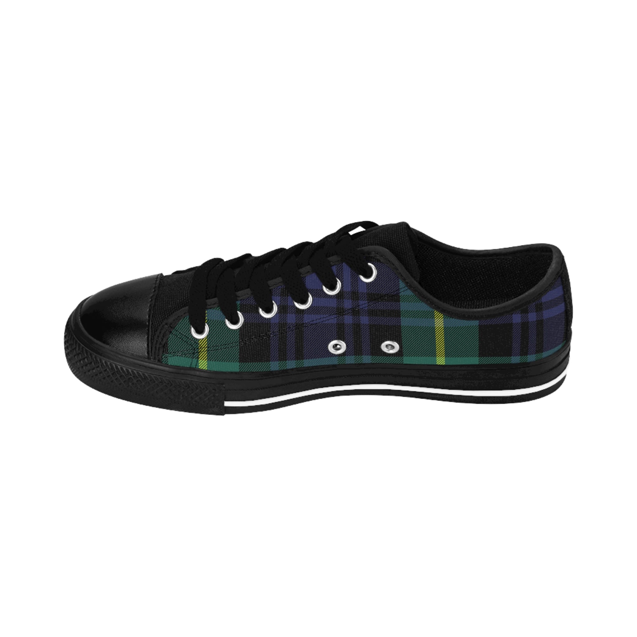 Inside view of women's Alley Cat Kicks high top sneakers: green, black, yellow plaid all-over print.