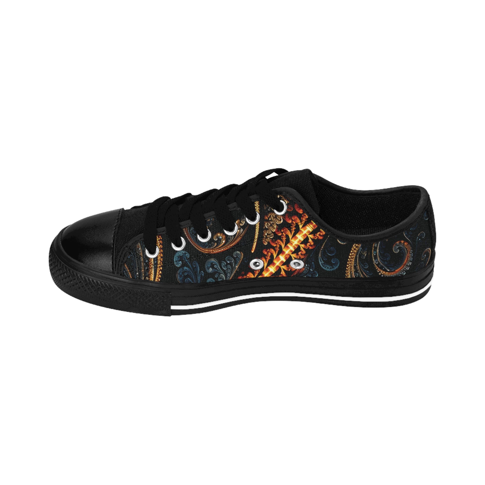 Inside view of the Hypnotic Eyes women's sneakers: ornate black, blue, gold pattern, two bluish silver mysterious cat eyes on side