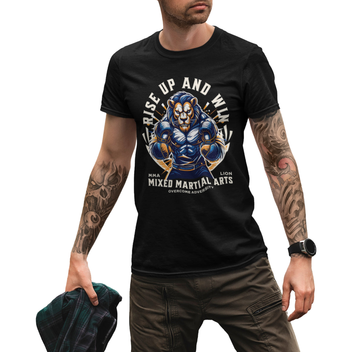 Model wearing a black t-shirt featuring a powerful lion graphic in a ready-to-fight stance with inspiring 'Rise Up and Win' text.