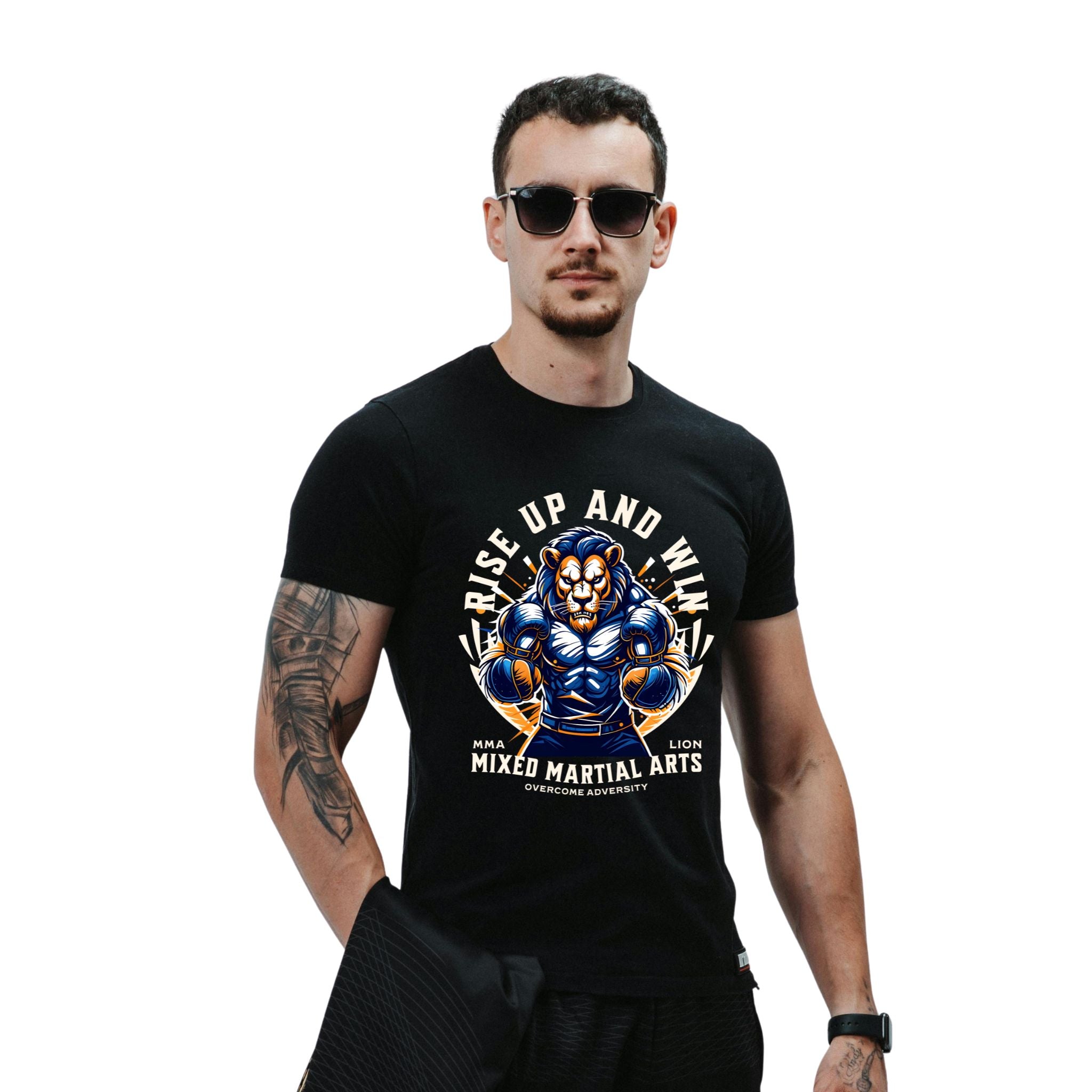 Male model wearing a black t-shirt featuring a powerful lion graphic in a ready-to-fight stance with inspiring 'Rise Up and Win' text.