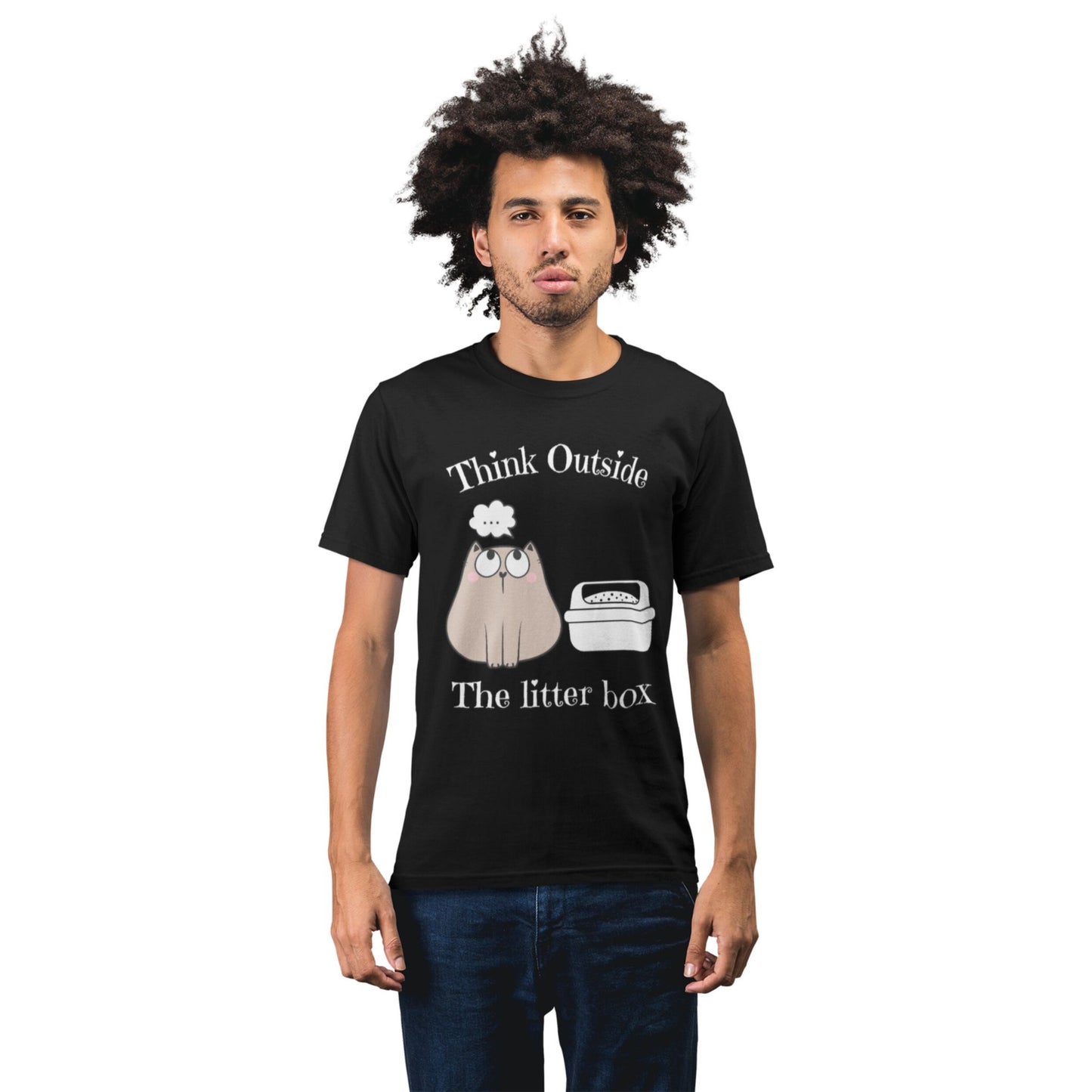 A person wearing a black crew neck t-shirt with the text 'Think Outside The Litter Box' and a graphic of a cat sitting next to a litter box. 