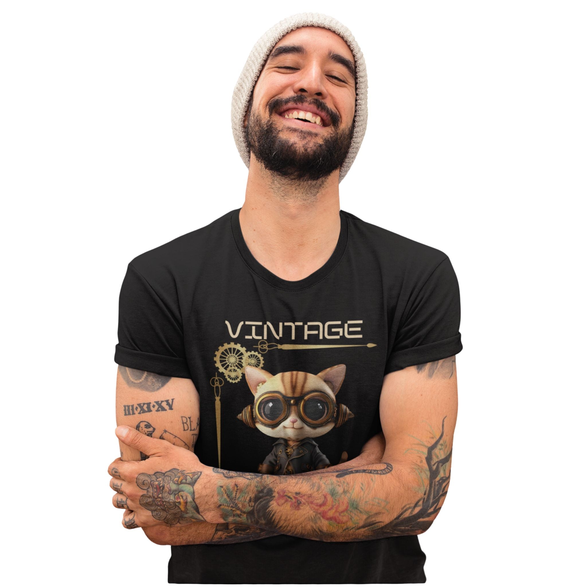 A man in a black t-shirt with a "Vintage Future" graphic of a steampunk cat wearing goggles.