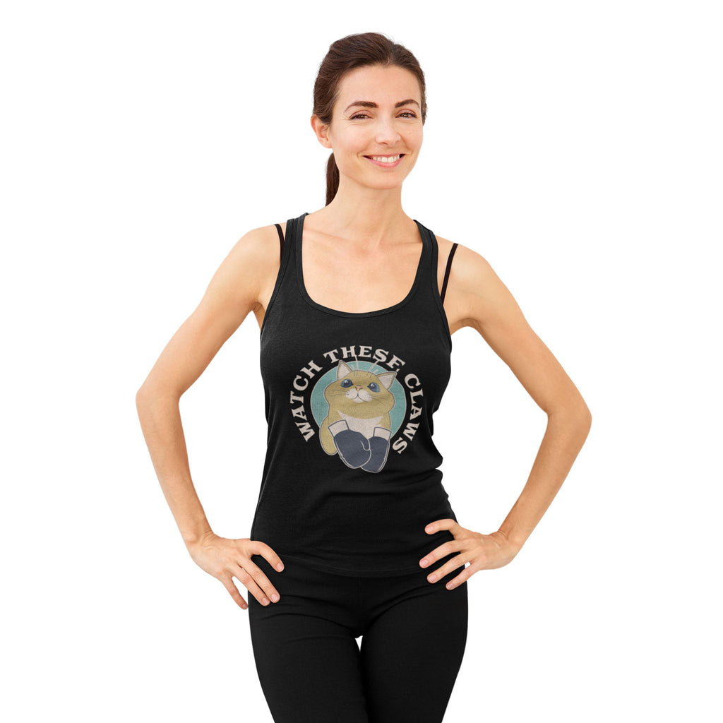 Model wearing a black Watch These Claws tank top, graphic of a cat wearing boxing gloves.