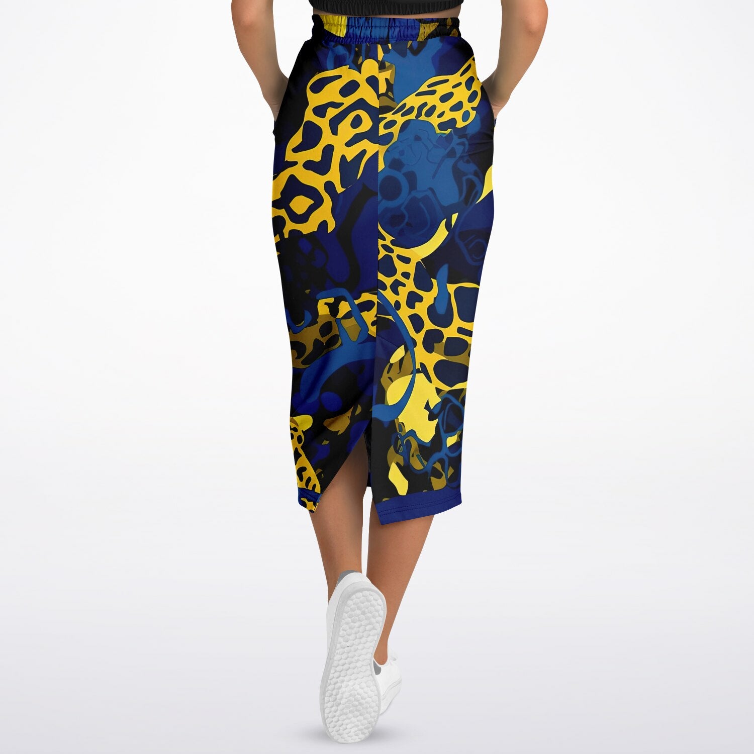 A long athletic skirt with vibrant leopard print and blue color, featuring side pockets and a drawstring closure.