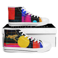 Retro Cheetah high top sneakers on shoe box: cheetah in mid-run, retro all-over print on black  background with yellow, red, hot pink, blue, shapes and lines.