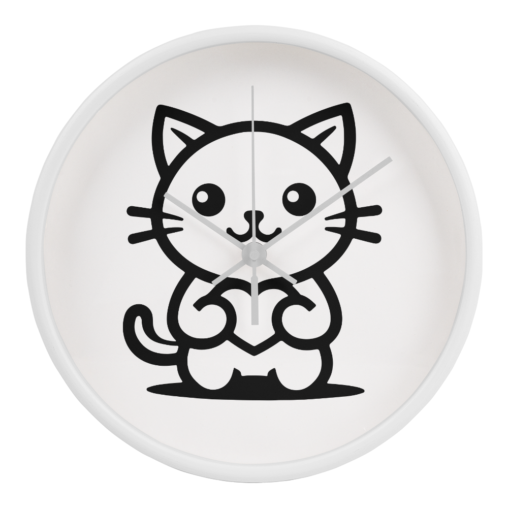 Line art drawing of a cat on a 10" wood frame "Tick Tock Kitty" clock.