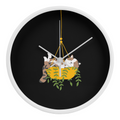 Colorful cartoon image of a cat sleeping in a hanging plant basket, imprinted on a 10" wood frame "Cozy Dozy Cat Nap" clock face.