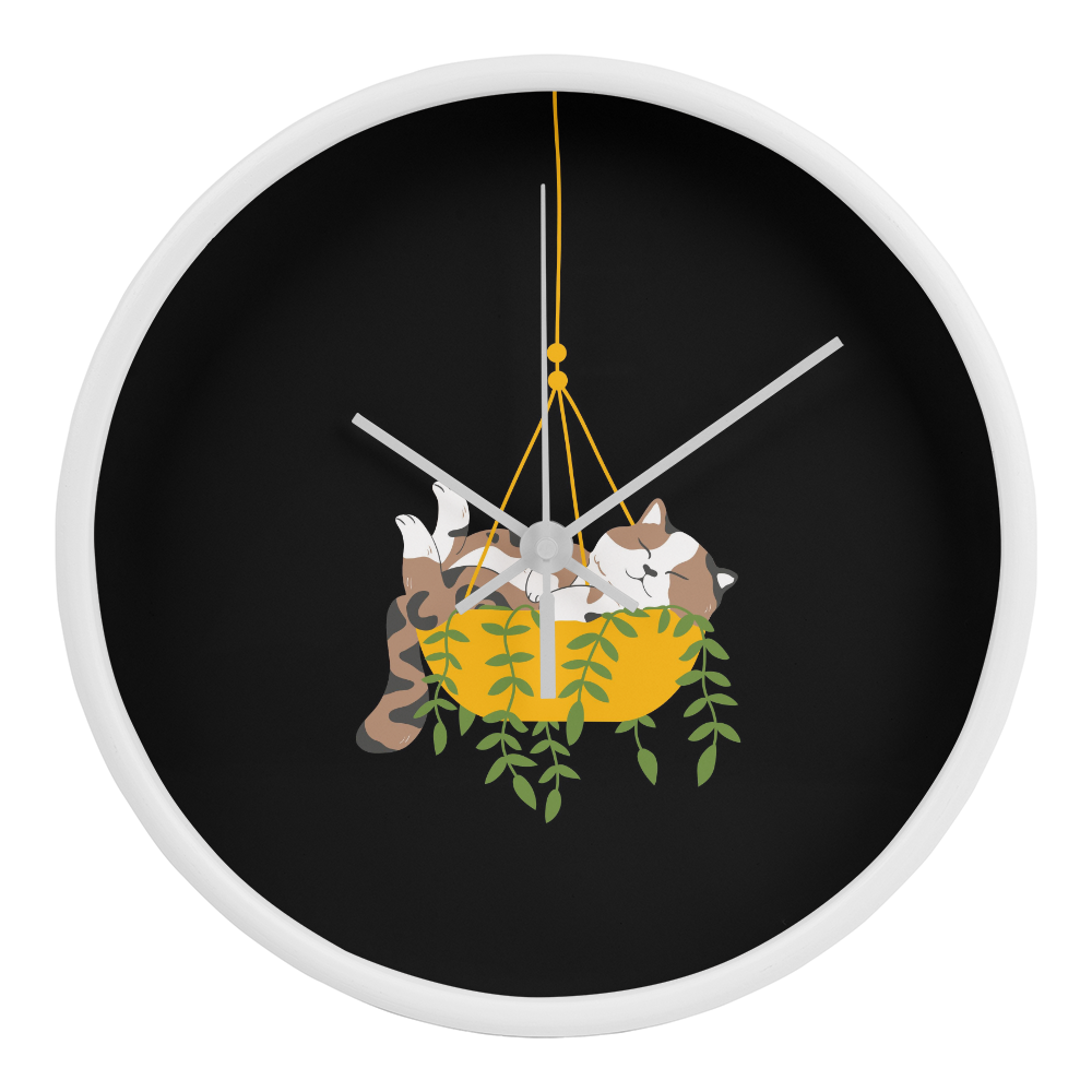 Colorful cartoon image of a cat sleeping in a hanging plant basket, imprinted on a 10" wood frame "Cozy Dozy Cat Nap" clock face.