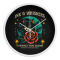 10 inch wood frame clock with a cat and rose design on the front, featuring the text 'Ink & Whiskers'.