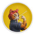 Close-up pop art portrait of calico cat with paws raised against yellow background