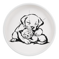 Line art drawing on the "The Art Of Love & Time" Wood Frame 10" Clock depicting a puppy gently embracing a kitten.