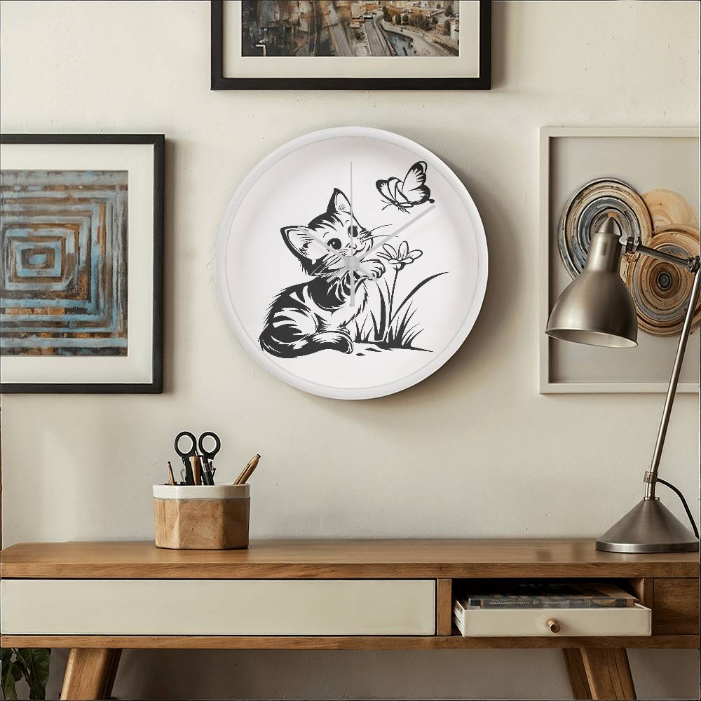 Butterfly Kitty -  Wood Frame 10” Clock