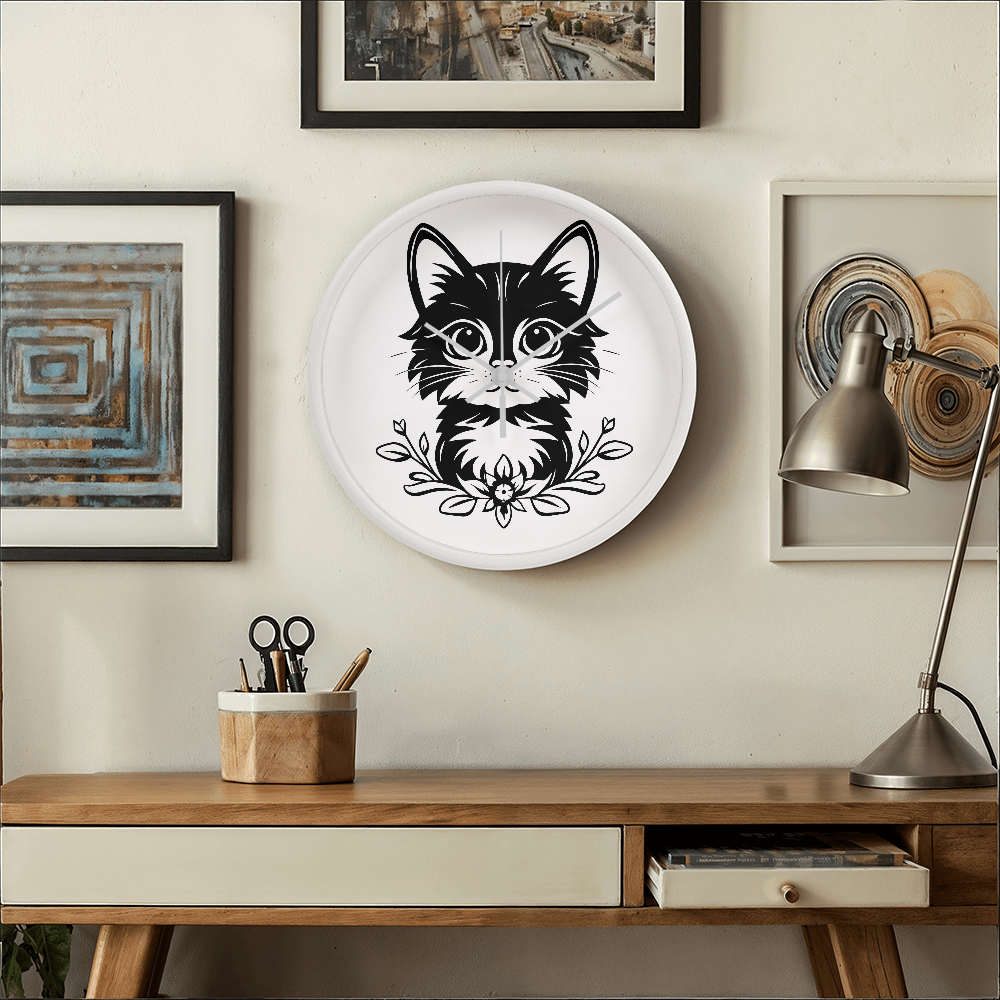 Black and white line art of a kitten sitting among flowers on a 10" wood frame "Purfect Timing" clock.