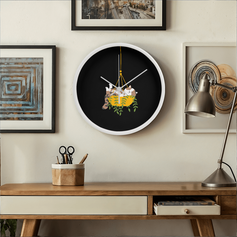 Colorful cartoon image of a cat sleeping in a hanging plant basket, imprinted on a 10" wood frame "Cozy Dozy Cat Nap" clock face.
