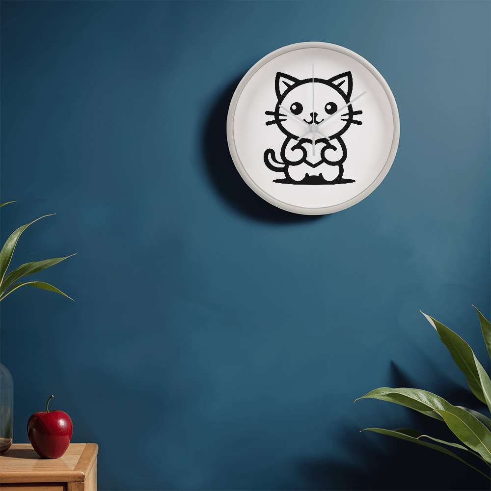 Line art drawing of a cat on a 10" wood frame "Tick Tock Kitty" clock.