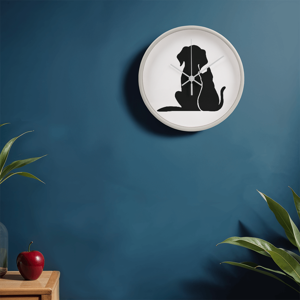 Silhouette of a cat and dog sitting closely together, depicted on the face of the "Unspeakable Bond" Wood Frame 10" Clock.