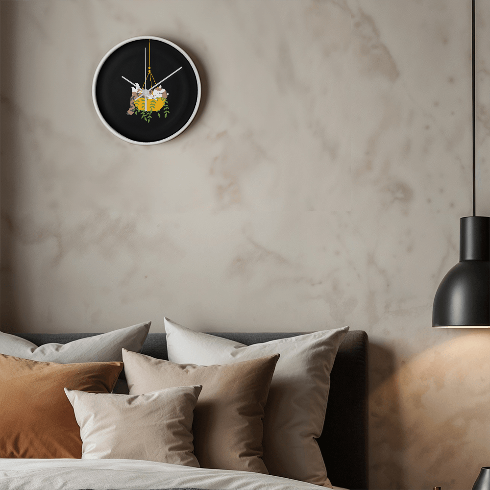 Colorful cartoon image of a cat sleeping in a hanging plant basket, imprinted on a 10" wood frame "Cozy Dozy Cat Nap" clock face.
