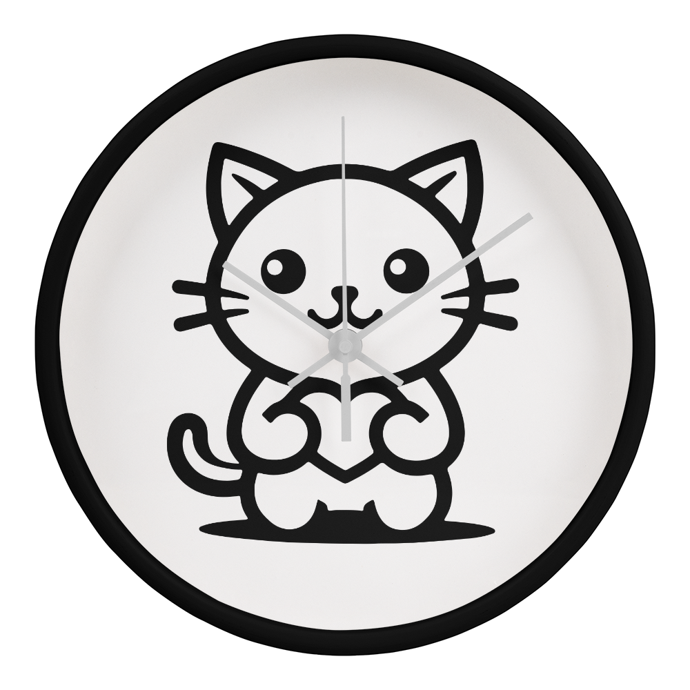 Line art drawing of a cat on a 10" wood frame "Tick Tock Kitty" clock.