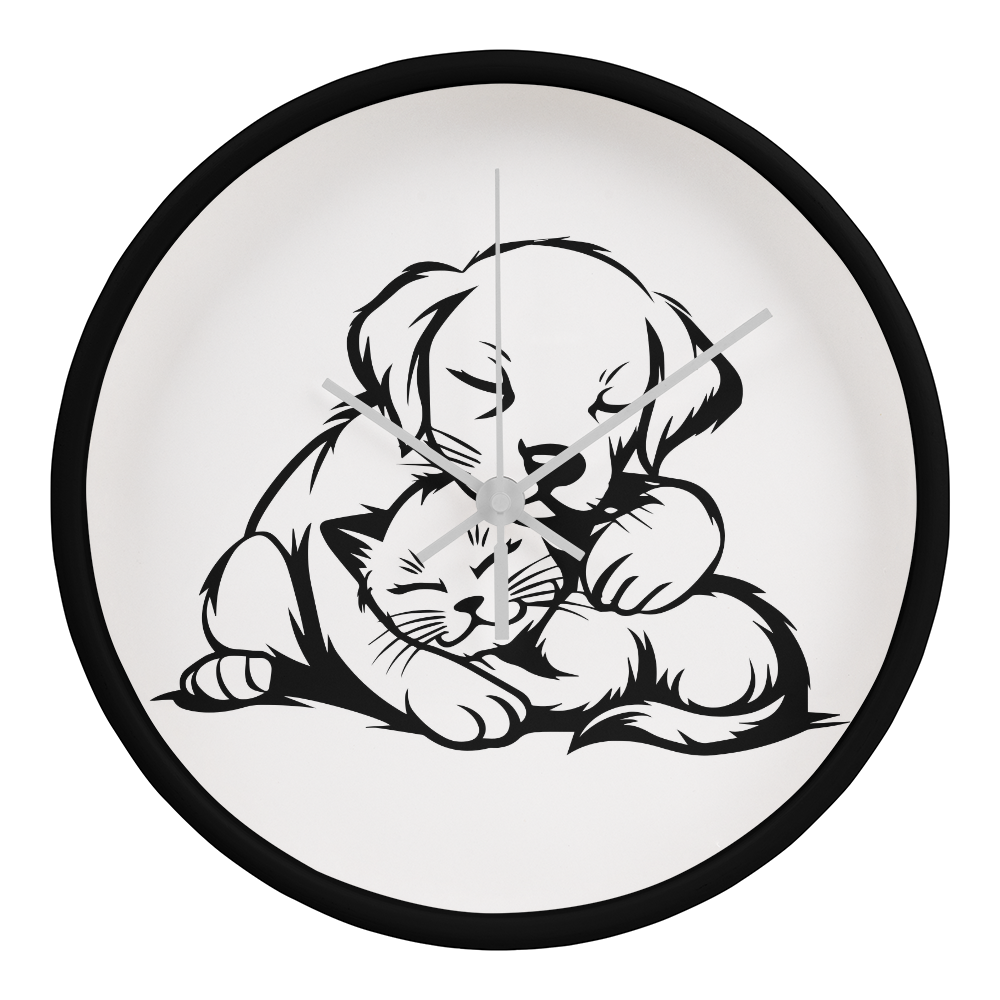 Line art drawing on the "The Art Of Love & Time" Wood Frame 10" Clock depicting a puppy gently embracing a kitten.