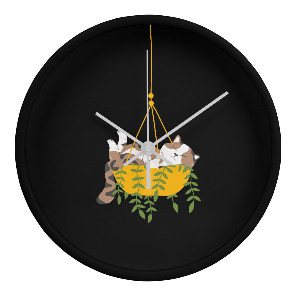 Colorful cartoon image of a cat sleeping in a hanging plant basket, imprinted on a 10" wood frame "Cozy Dozy Cat Nap" clock face.