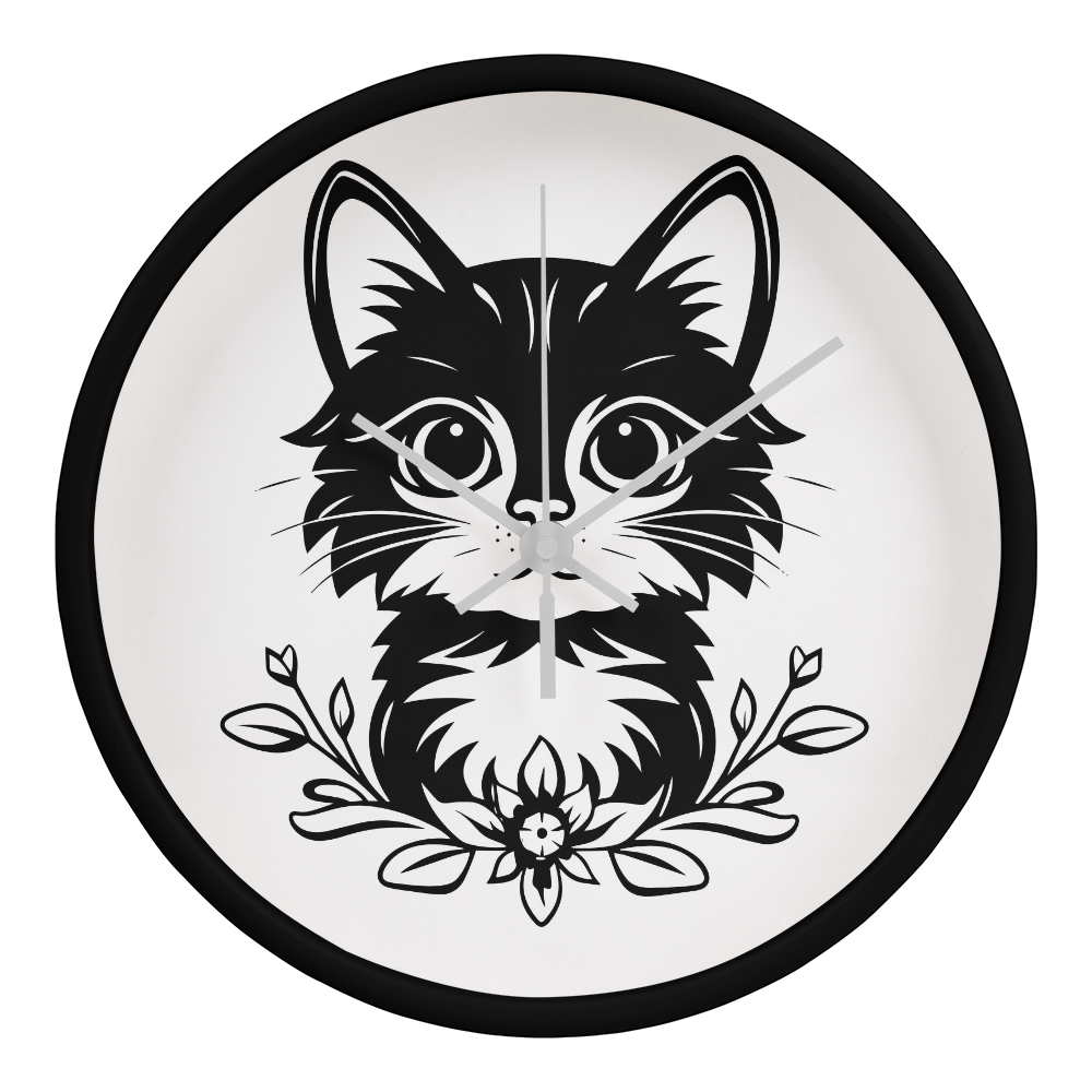 Black and white line art of a kitten sitting among flowers on a 10" wood frame "Purfect Timing" clock. 