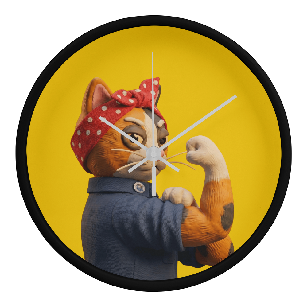 Vibrant pop art claymation calico cat portrait on bright yellow background