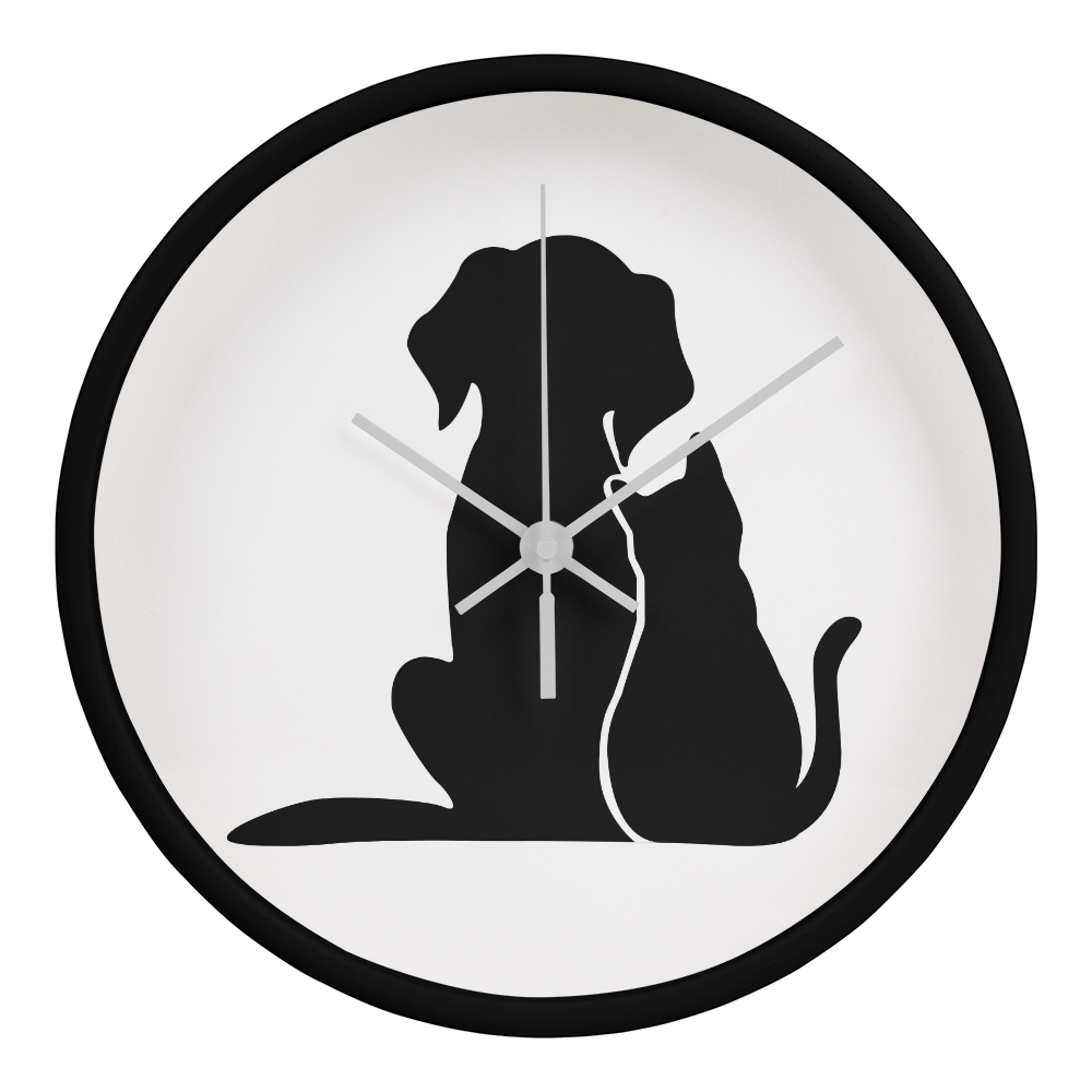 Silhouette of a cat and dog sitting closely together, depicted on the face of the "Unspeakable Bond" Wood Frame 10" Clock.