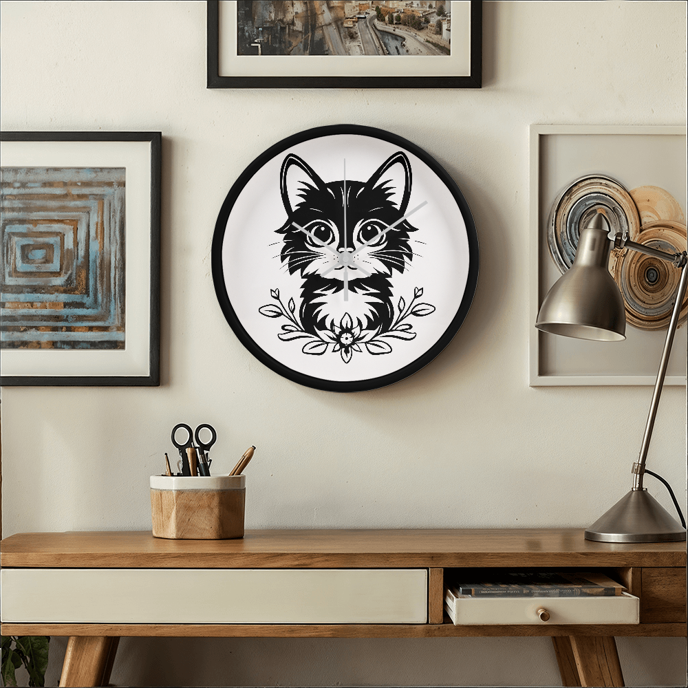 Black and white line art of a kitten sitting among flowers on a 10" wood frame "Purfect Timing" clock.