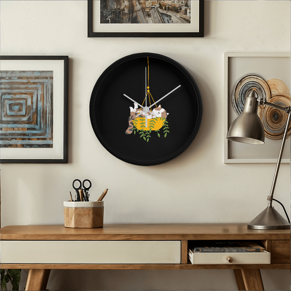 Colorful cartoon image of a cat sleeping in a hanging plant basket, imprinted on a 10" wood frame "Cozy Dozy Cat Nap" clock face.
