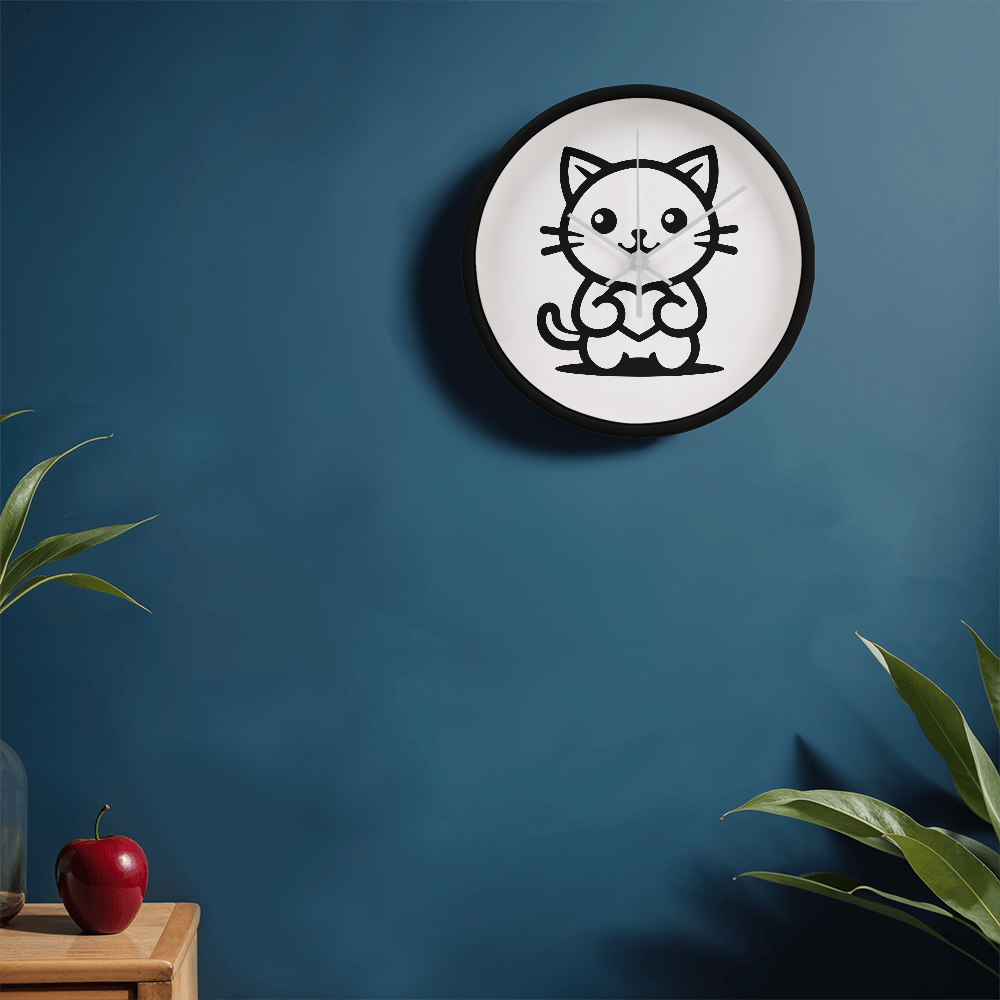 Line art drawing of a cat on a 10" wood frame "Tick Tock Kitty" clock.