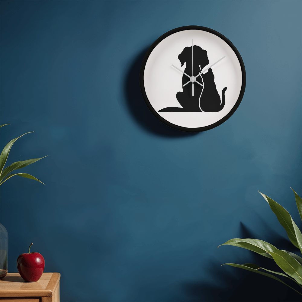 Silhouette of a cat and dog sitting closely together, depicted on the face of the "Unspeakable Bond" Wood Frame 10" Clock.