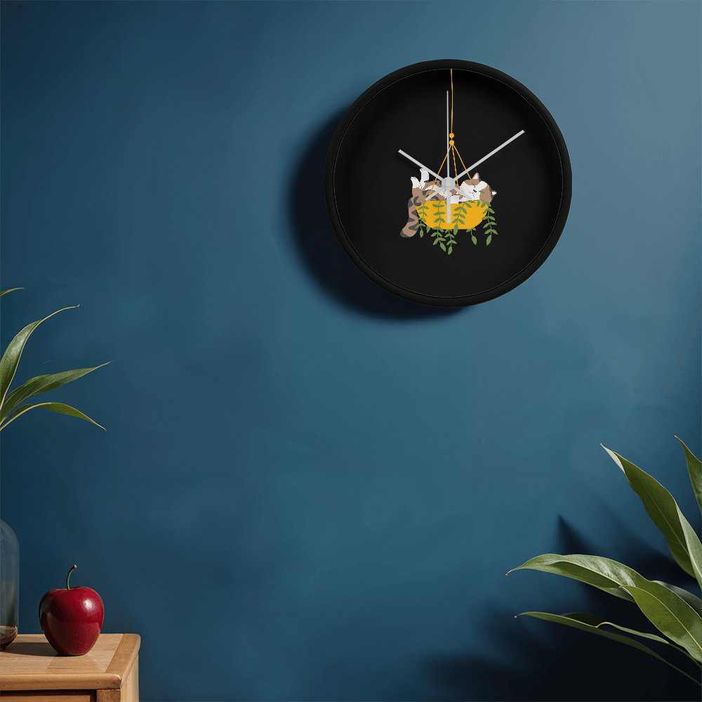 Colorful cartoon image of a cat sleeping in a hanging plant basket, imprinted on a 10" wood frame "Cozy Dozy Cat Nap" clock face.