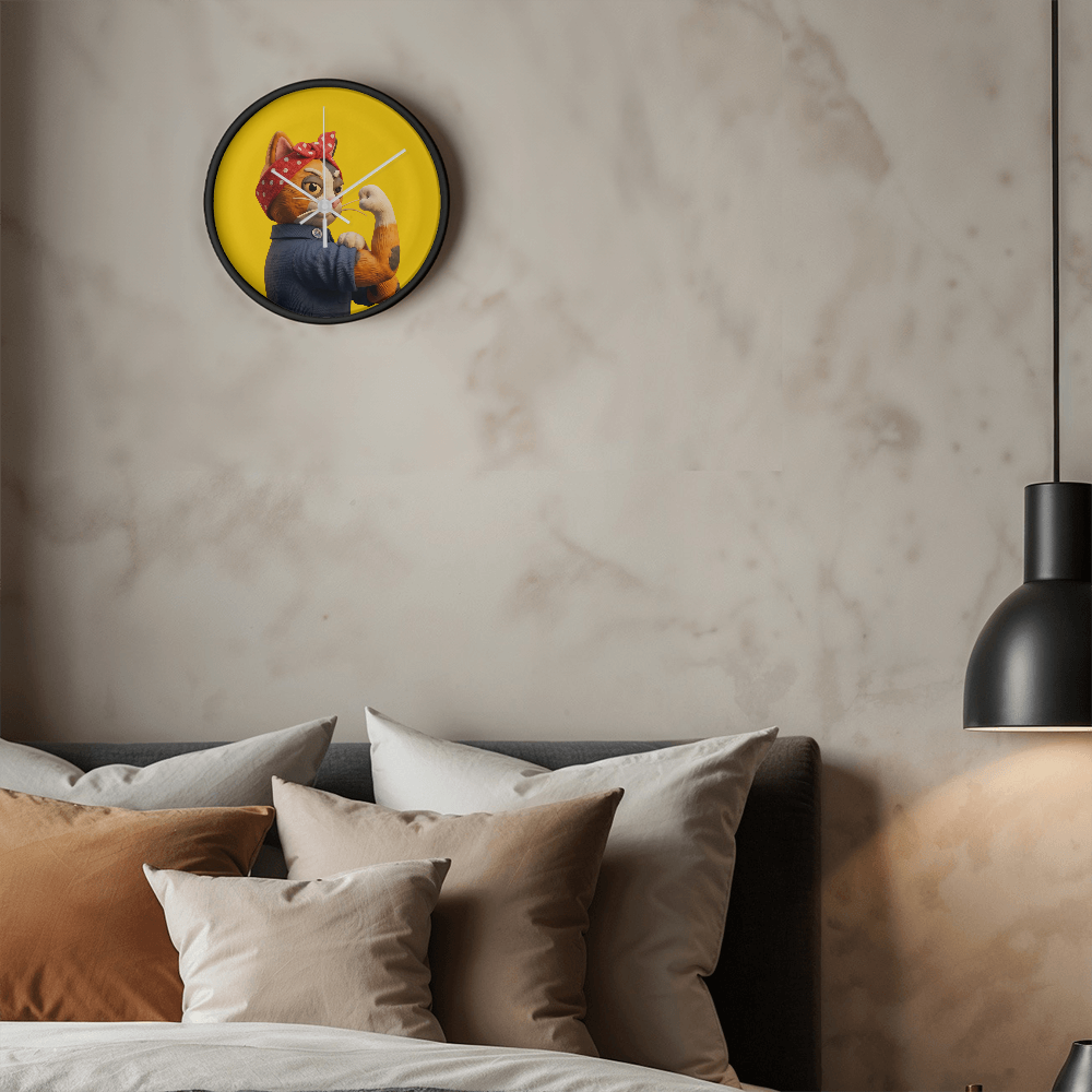 Yellow Still Fighting wood frame clock mounted on wall above living room furniture