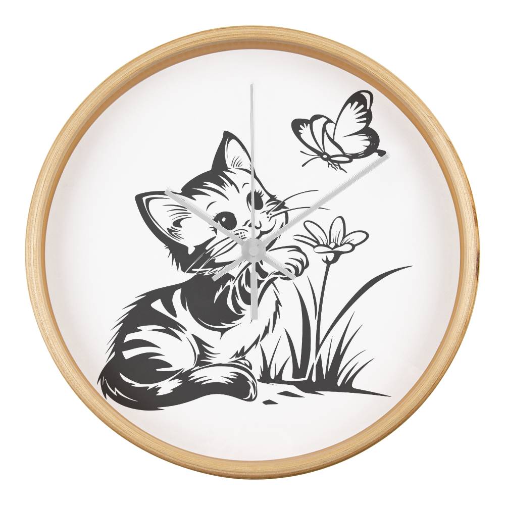 Butterfly Kitty -  Wood Frame 10” Clock