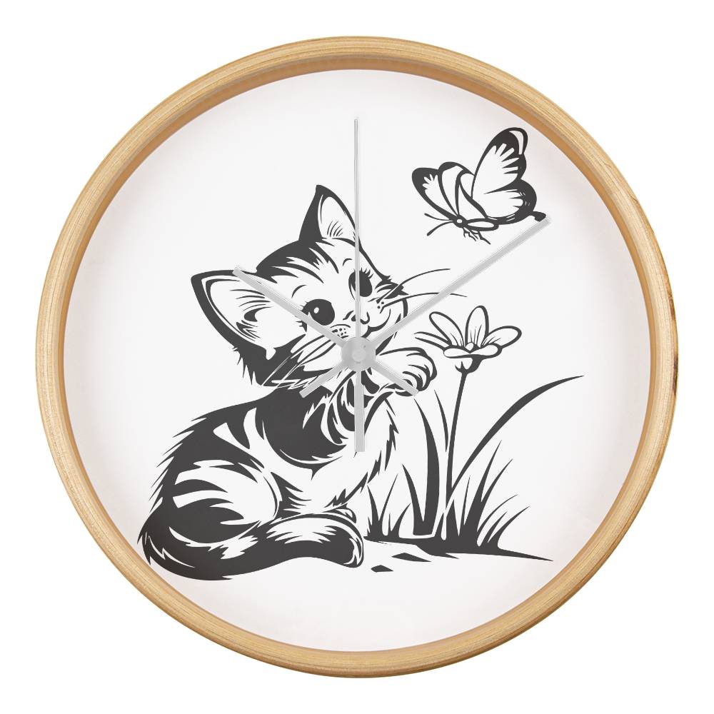  A clock featuring a line art design of a playful encounter between a curious kitten and a gentle butterfly
